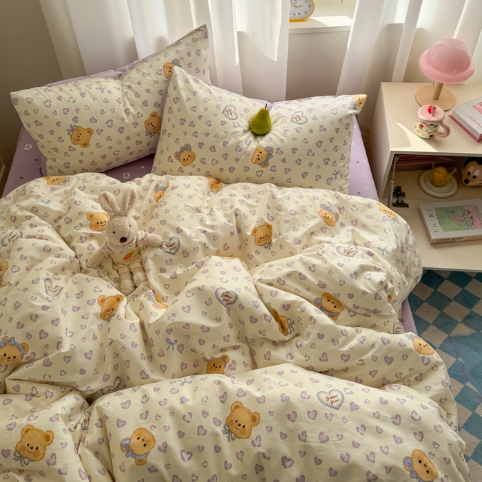 91家纺网 家纺一手货源 找家纺 桃子家居 2025新款纯棉小清新13372卡通可爱少女系列四件套 棉-豹纹小熊