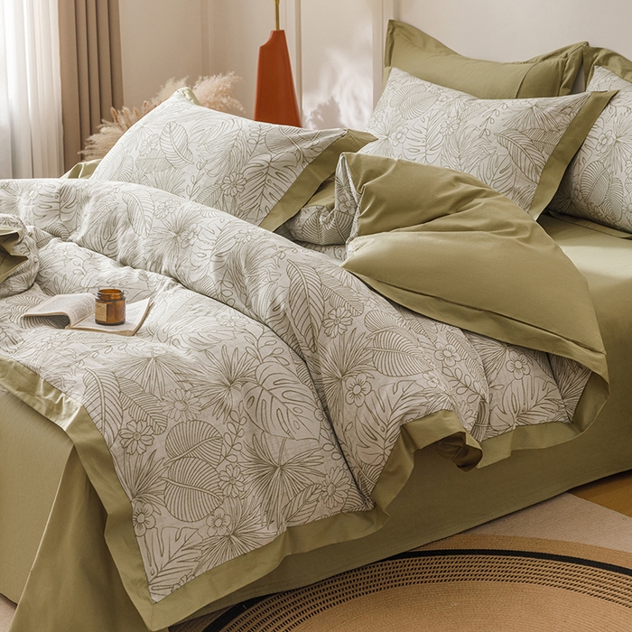 91家纺网 家纺一手货源 找家纺 简宜家居（朝初家纺） 2025新款全棉宽边三层纱提花四件套 叶韵-橄榄绿