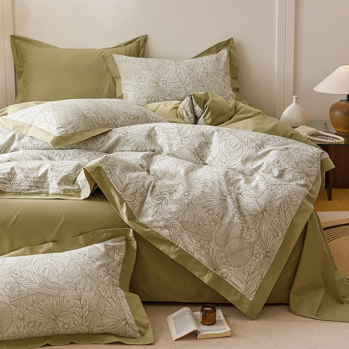 91家纺网 家纺一手货源 找家纺 简宜家居（朝初家纺） 2025新款全棉宽边三层纱提花四件套 叶韵-橄榄绿