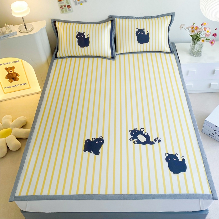 91家纺网 家纺一手货源 找家纺 邵依  2025新款数码印花烫光冰丝席凉席子藤席 调皮花猫