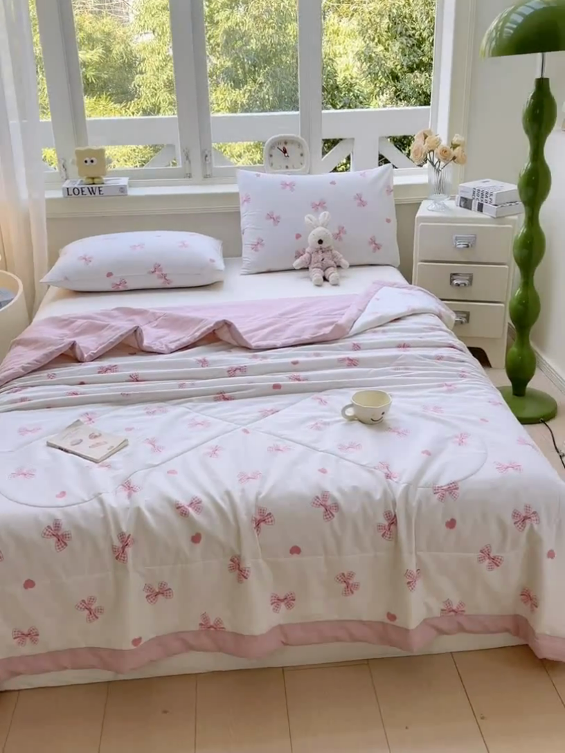 91家纺网 家纺一手货源 找家纺 憨豆家纺 2025新款双面全棉夏被可机洗小清新纯棉夏被薄被芯空调被子夏凉被 蝴蝶结