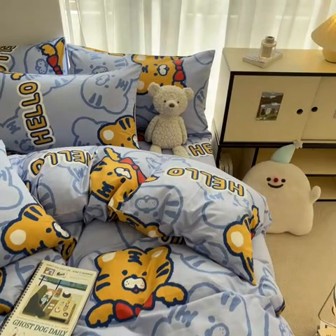 91家纺网 家纺一手货源 找家纺 桃子家居 2025新款纯棉小清新13372卡通可爱少女系列四件套 棉-蓝老虎
