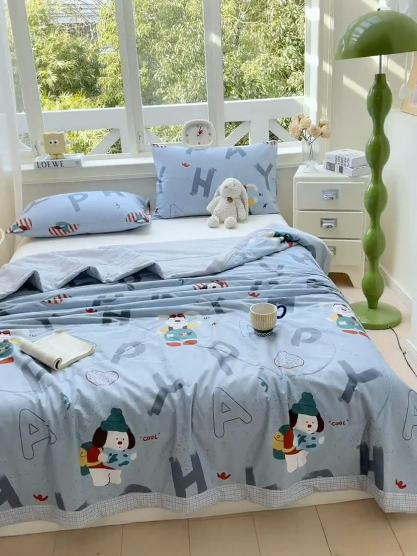 91家纺网 家纺一手货源 找家纺 憨豆家纺 2025新款双面全棉夏被可机洗小清新纯棉夏被薄被芯空调被子夏凉被 蒙奇奇-蓝