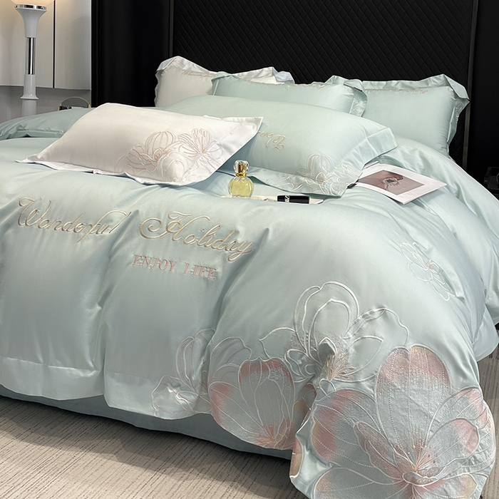 91家纺网 家纺一手货源 找家纺 2025新款轻奢风A类100支长绒棉四件套全棉纯棉重工刺绣床单床笠夹棉床笠床盖款高端床上用品-星慕 茶绿