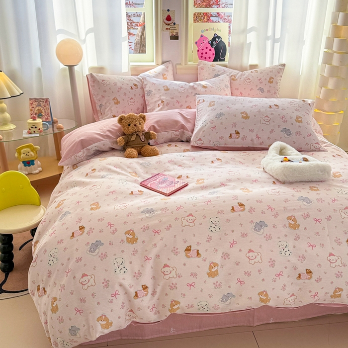 91家纺网 家纺一手货源 找家纺 简宜家居（朝初家纺） 2025新款40支13070纯棉四件套 碎花狗狗