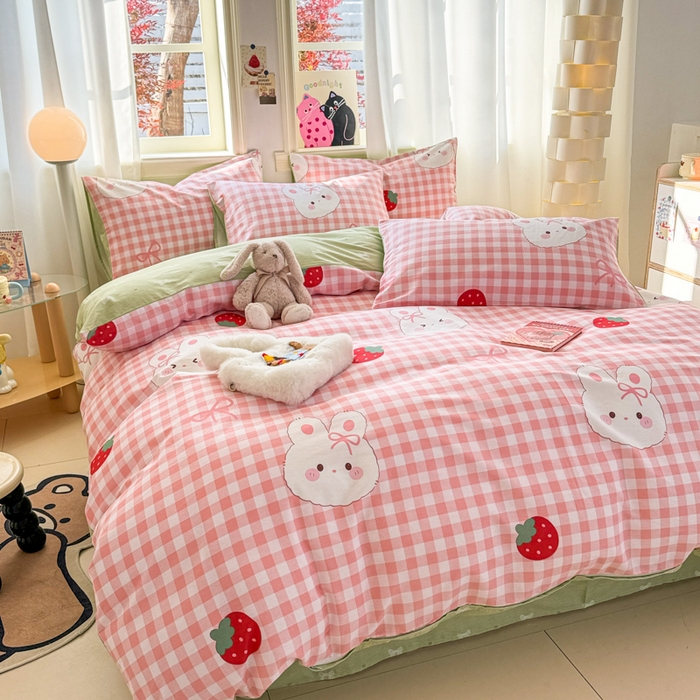 91家纺网 家纺一手货源 找家纺 简宜家居（朝初家纺） 2025新款40支13070纯棉四件套 格子兔-粉