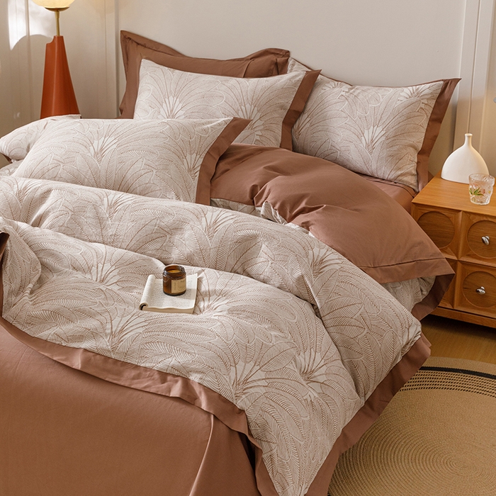 91家纺网 家纺一手货源 找家纺 简宜家居（朝初家纺） 2025新款全棉宽边三层纱提花四件套 叶韵-咖