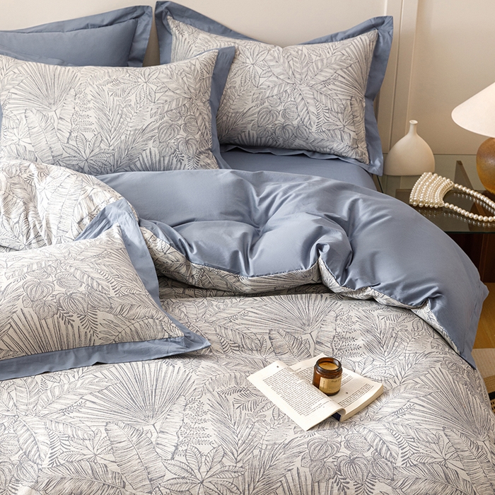 91家纺网 家纺一手货源 找家纺 简宜家居（朝初家纺） 2025新款全棉宽边三层纱提花四件套 叶韵-牛仔蓝