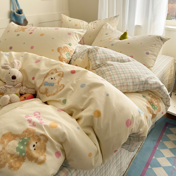 91家纺网 家纺一手货源 找家纺 桃子家居 2025新款纯棉小清新13372卡通可爱少女系列四件套 棉-彩色日记