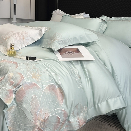 2025新款轻奢风A类100支长绒棉四件套全棉纯棉重工刺绣床单床笠夹棉床笠床盖款高端床上用品-星慕 茶绿