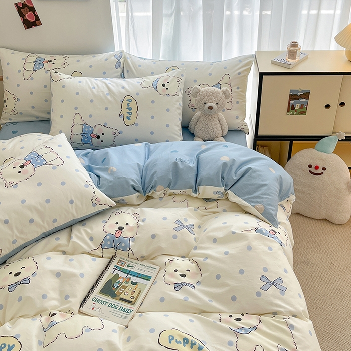 91家纺网 家纺一手货源 找家纺 桃子家居 2025新款纯棉小清新13372卡通可爱少女系列四件套 棉-波点狗