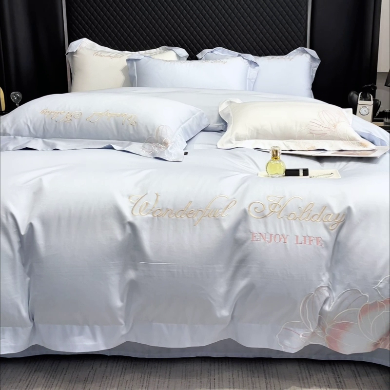 91家纺网 家纺一手货源 找家纺 2025新款轻奢风A类100支长绒棉四件套全棉纯棉重工刺绣床单床笠夹棉床笠床盖款高端床上用品-星慕 慕蓝