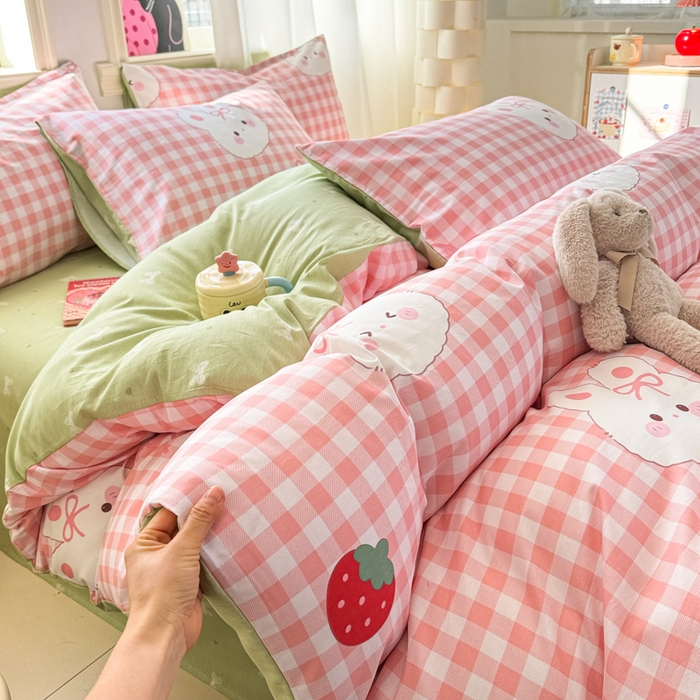 91家纺网 家纺一手货源 找家纺 简宜家居（朝初家纺） 2025新款40支13070纯棉四件套 格子兔-粉