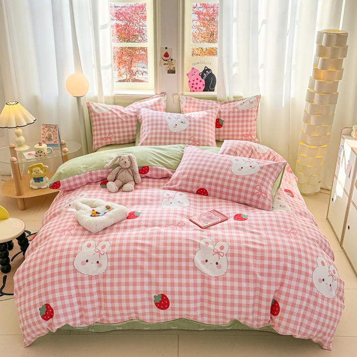 91家纺网 家纺一手货源 找家纺 简宜家居（朝初家纺） 2025新款40支13070纯棉四件套 格子兔-粉