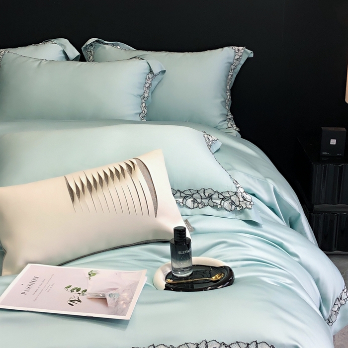 91家纺网 家纺一手货源 找家纺 佳汐蓝家纺 2025新款60天丝绣花梦怡系列四件套 梦怡 蓝