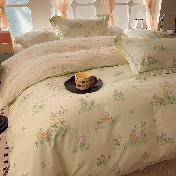 91家纺网 家纺一手货源 找家纺 2025新款亲肤舒适小清新全棉四件套 花小兔