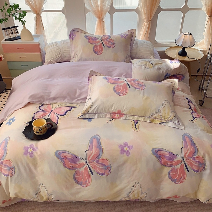 91家纺网 家纺一手货源 找家纺 2025新款亲肤舒适小清新全棉四件套 紫蝶