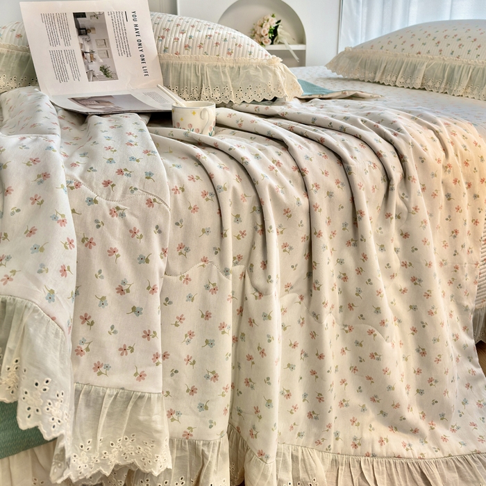 91家纺网 家纺一手货源 找家纺 尊妙被业 2025春夏新款全棉纯棉印花法式花边夏被夏凉被空调被夏被 花仙子-粉