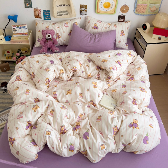 91家纺网 家纺一手货源 找家纺 水墨江南 2025新款超柔水洗棉系列四件套 茄子小熊