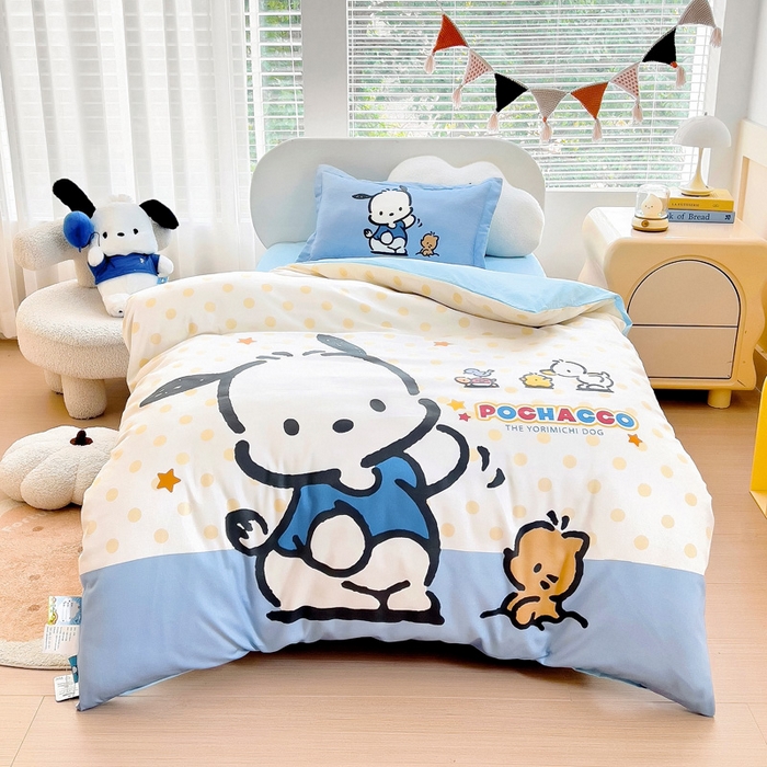 91家纺网 家纺一手货源 找家纺 乐秀家纺 2025新款全棉A类大版定位幼儿园被子三件套卡通三丽鸥被套被芯六件套   星星帕恰狗