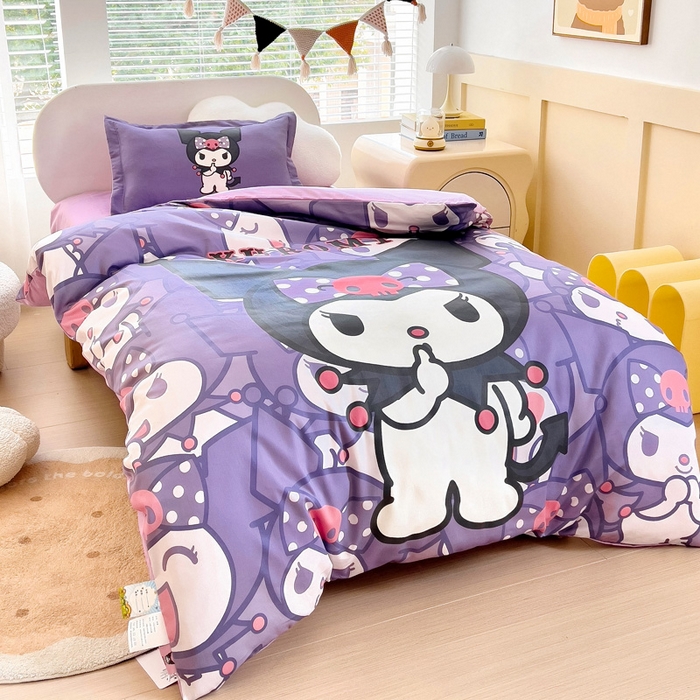 91家纺网 家纺一手货源 找家纺 乐秀家纺 2025新款全棉A类大版定位幼儿园被子三件套卡通三丽鸥被套被芯六件套   可爱库洛米