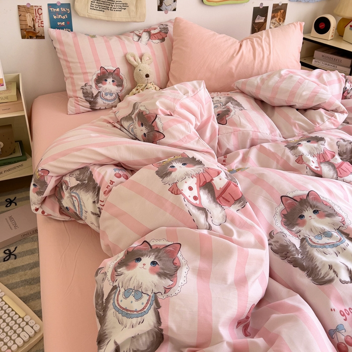 91家纺网 家纺一手货源 找家纺 水墨江南 2025新款超柔水洗棉系列四件套 猫咪公主