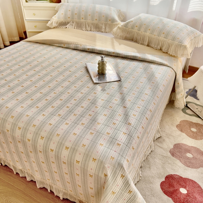 91家纺网 家纺一手货源 找家纺 2025春夏新款全棉纯棉印花法式花边床盖三件套 蝴蝶梦花边床盖