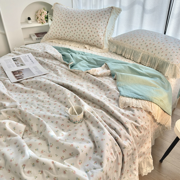 91家纺网 家纺一手货源 找家纺 尊妙被业 2025春夏新款全棉纯棉印花法式花边夏被夏凉被空调被夏被 花仙子-粉