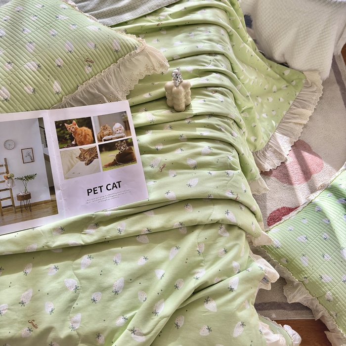 91家纺网 家纺一手货源 找家纺 尊妙被业 2025春夏新款全棉纯棉印花法式花边夏被夏凉被空调被夏被 半亩果园-绿