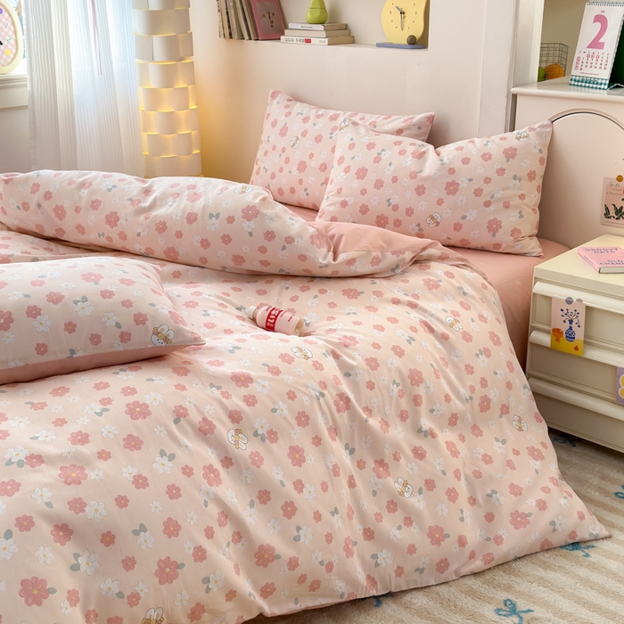 91家纺网 家纺一手货源 找家纺 清雅福 2025新款13070全棉小清新四件套 栀香小兔·粉