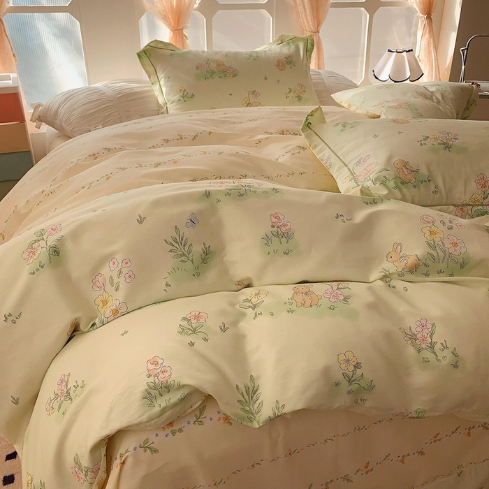 91家纺网 家纺一手货源 找家纺 2025新款亲肤舒适小清新全棉四件套 花小兔