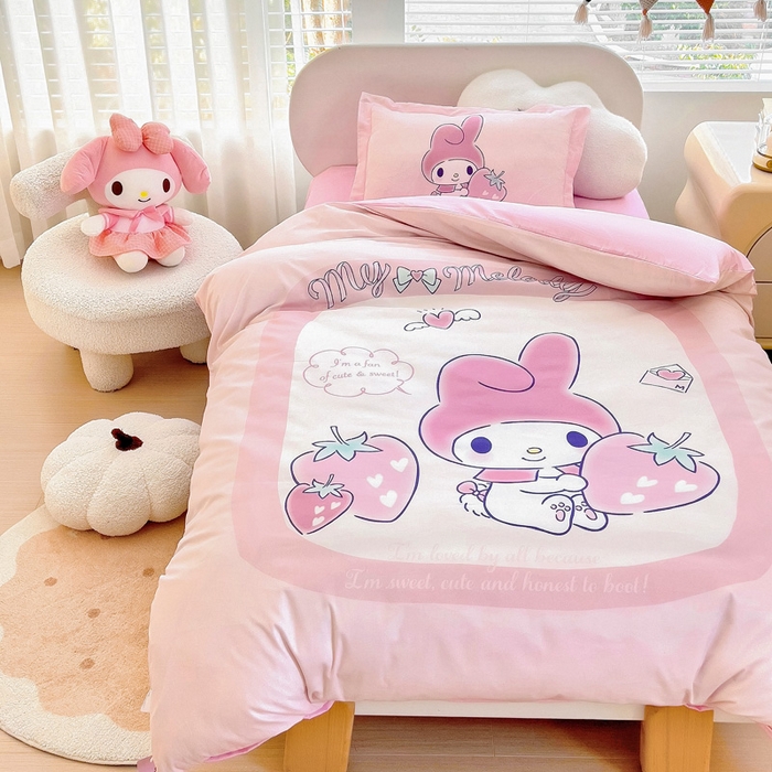 91家纺网 家纺一手货源 找家纺 乐秀家纺 2025新款全棉A类大版定位幼儿园被子三件套卡通三丽鸥被套被芯六件套   天使美乐蒂