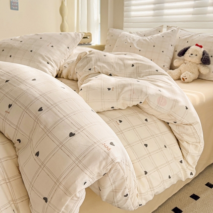 91家纺网 家纺一手货源 找家纺 源莱 2025新款加厚针织棉双层纱系列四件套直播爆款 小小爱心