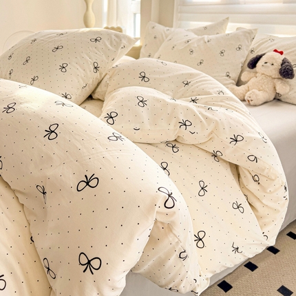 91家纺网 家纺一手货源 找家纺 源莱 2025新款加厚针织棉双层纱系列四件套直播爆款 小小蝴蝶结