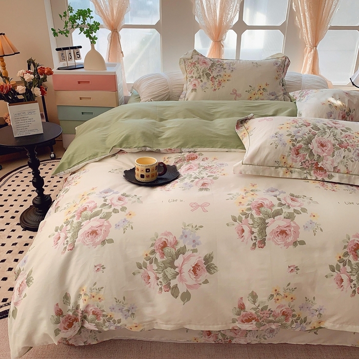 91家纺网 家纺一手货源 找家纺 2025新款亲肤舒适小清新全棉四件套 苏莉