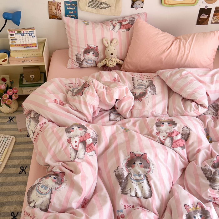 91家纺网 家纺一手货源 找家纺 水墨江南 2025新款超柔水洗棉系列四件套 猫咪公主