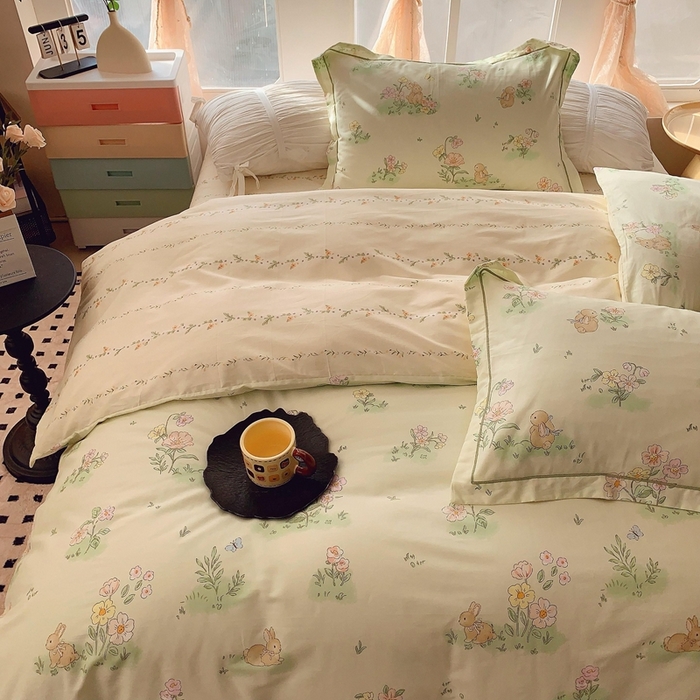 91家纺网 家纺一手货源 找家纺 2025新款亲肤舒适小清新全棉四件套 花小兔