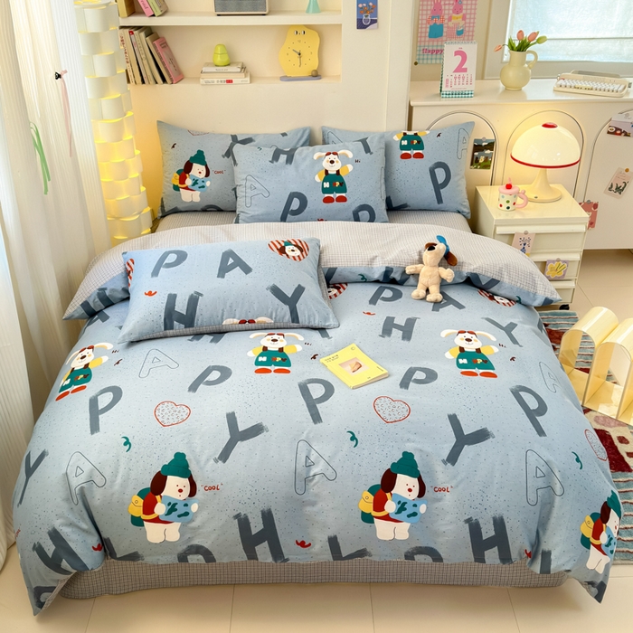 91家纺网 家纺一手货源 找家纺 清雅福 2025新款13070全棉小清新四件套 蒙奇奇·蓝