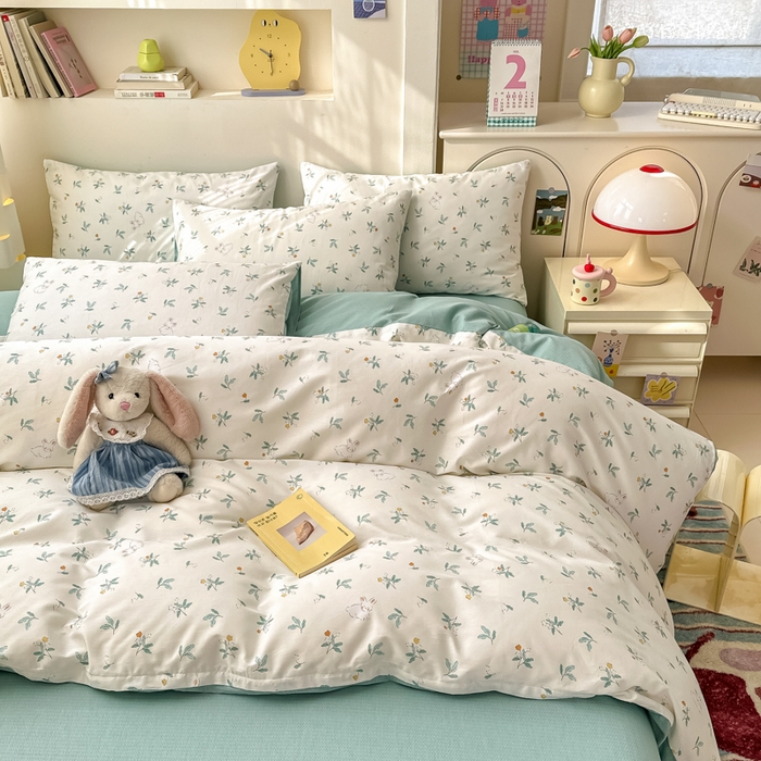 91家纺网 家纺一手货源 找家纺 清雅福 2025新款13070全棉小清新四件套 灵动如兔·米