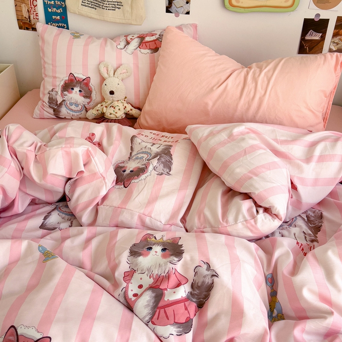 91家纺网 家纺一手货源 找家纺 水墨江南 2025新款超柔水洗棉系列四件套 猫咪公主