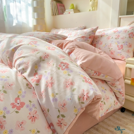 清雅福 2025新款13070全棉小清新四件套 芬芳·粉