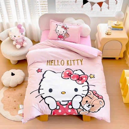 乐秀家纺 2025新款全棉A类大版定位幼儿园被子三件套卡通三丽鸥被套被芯六件套   小熊KT