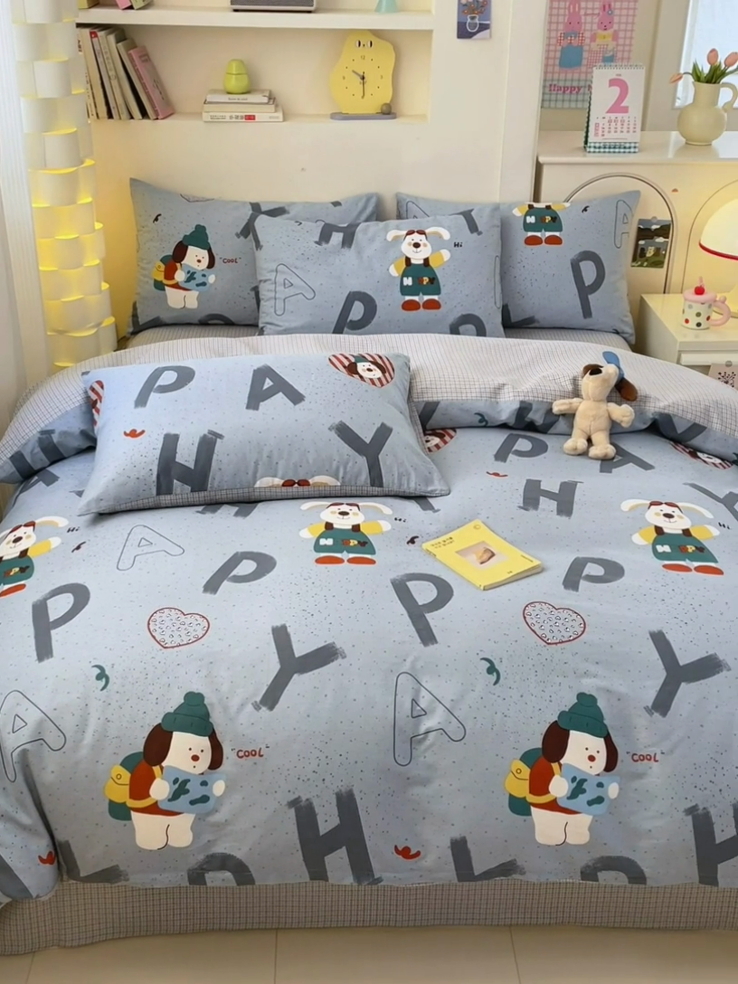 91家纺网 家纺一手货源 找家纺 清雅福 2025新款13070全棉小清新四件套 蒙奇奇·蓝