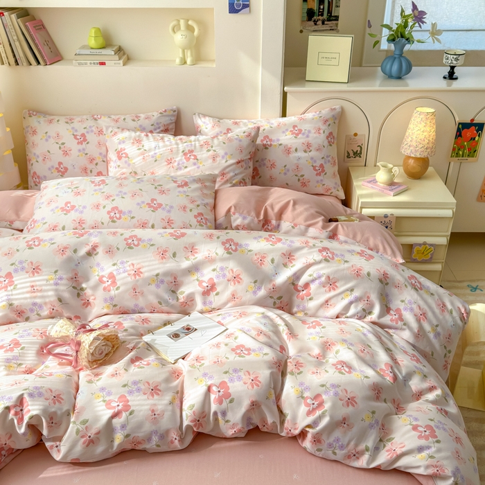 91家纺网 家纺一手货源 找家纺 清雅福 2025新款13070全棉小清新四件套 芬芳·粉