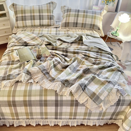 91家纺网 家纺一手货源 找家纺 尊妙被业 2025春夏新款全棉纯棉印花法式花边夏被夏凉被空调被夏被 西格-绿