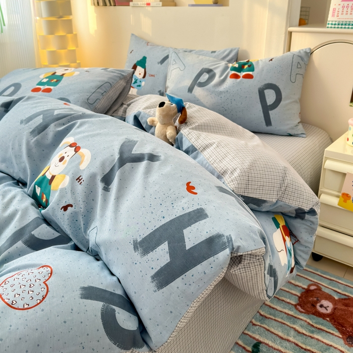 91家纺网 家纺一手货源 找家纺 清雅福 2025新款13070全棉小清新四件套 蒙奇奇·蓝