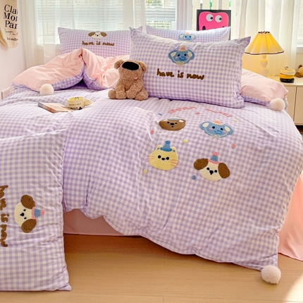 你好美丽 2025新款水洗棉小象乐园毛巾绣格子工艺款吊球毛巾绣四件套 小象乐园-紫