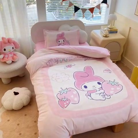 91家纺网 家纺一手货源 找家纺 乐秀家纺 2025新款全棉A类大版定位幼儿园被子三件套卡通三丽鸥被套被芯六件套   天使美乐蒂