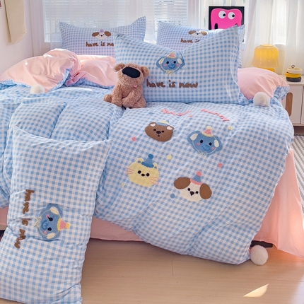 你好美丽 2025新款水洗棉小象乐园毛巾绣格子工艺款吊球毛巾绣四件套 小象乐园-蓝