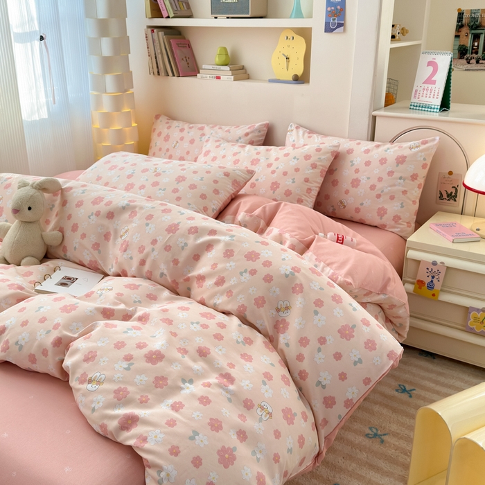 91家纺网 家纺一手货源 找家纺 清雅福 2025新款13070全棉小清新四件套 栀香小兔·粉